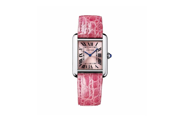 卡地亞TANK Solo系列粉色珠光表盤精鋼腕表， 參考價格80,000元。圖／...