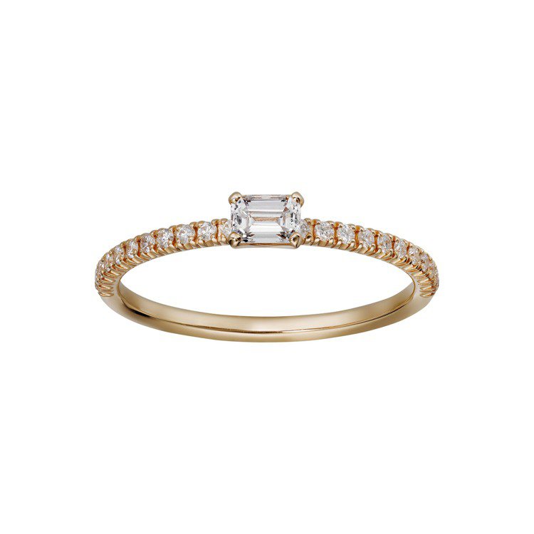 卡地亞全新Etincelle de Cartier玫瑰金鑽石戒指， 主石為一顆0.16克拉的祖母綠式切割鑽石，參考價格97,000元。圖／卡地亞提供