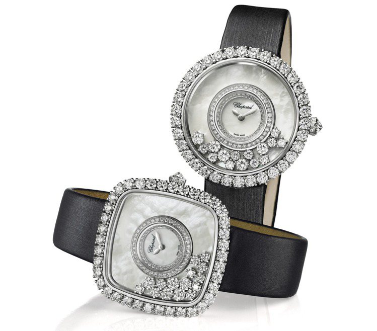 Happy Diamonds 40周年腕表，18K白金方形或圓形表殼，皆含15顆不同大小的滑動爪鑲鑽石，圓形款161萬8,000元，方形款178萬3,000元。圖／蕭邦提供