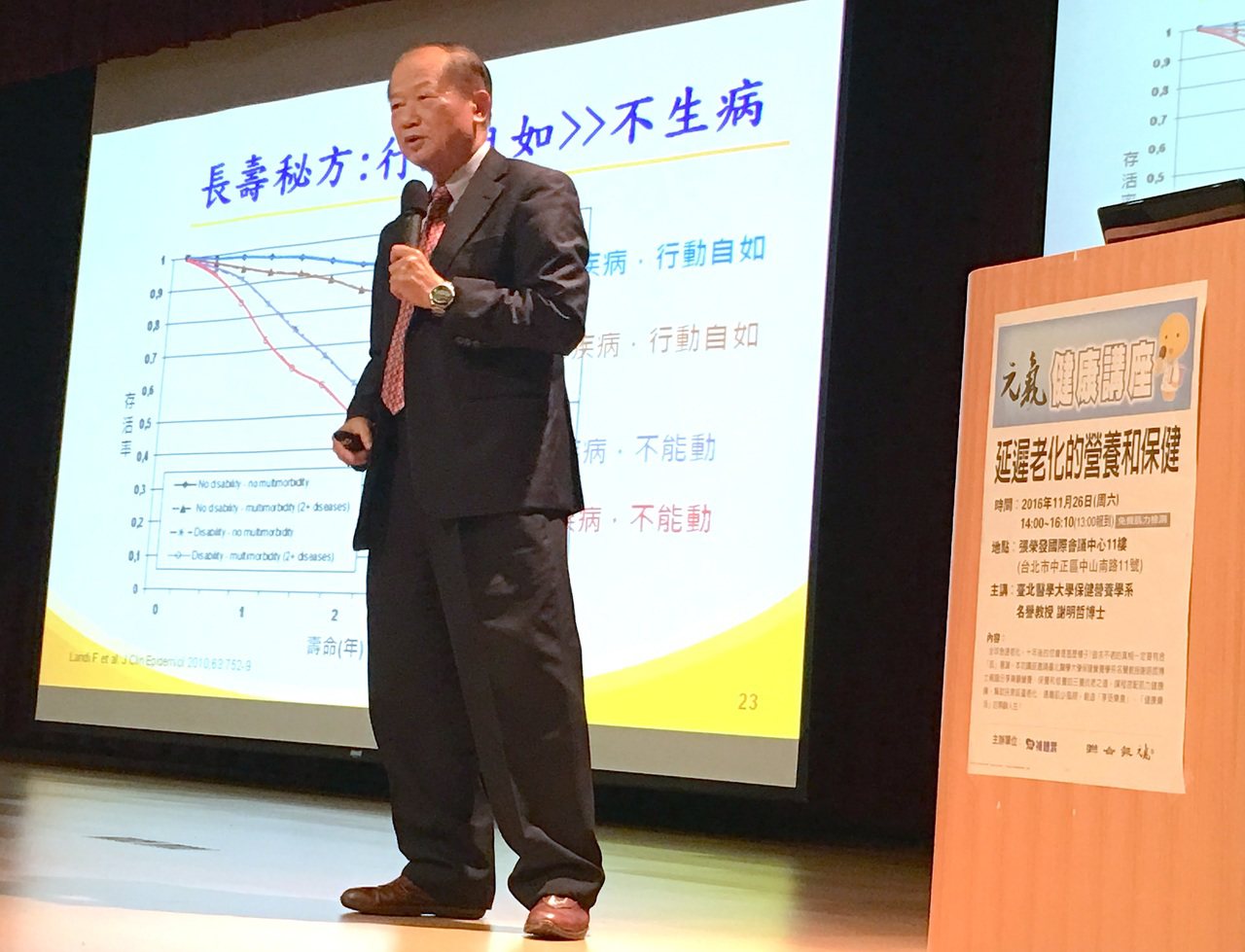 聯合報元氣健康講座今邀請台北醫學大學保健營養學系名譽教授謝明哲分享「延緩老化的營養與保健」之道。記者江慧珺／攝影