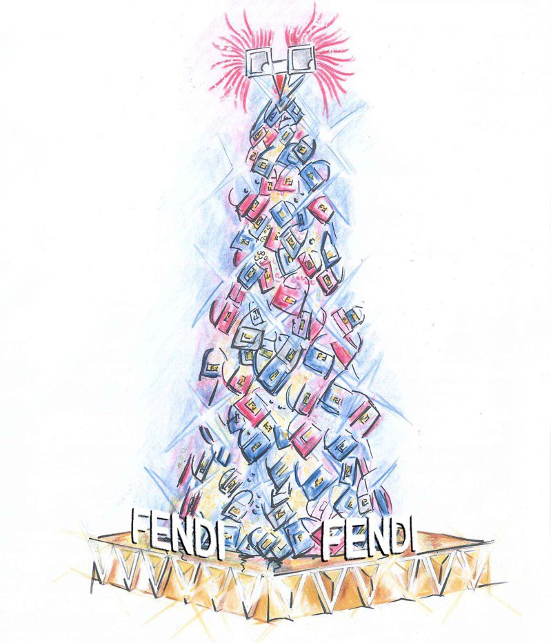 Fendi在大陸的成都布置一棵高12.6米、由紅、金、銀三色Baguette包所組成的耶誕樹。圖／FENDI提供
