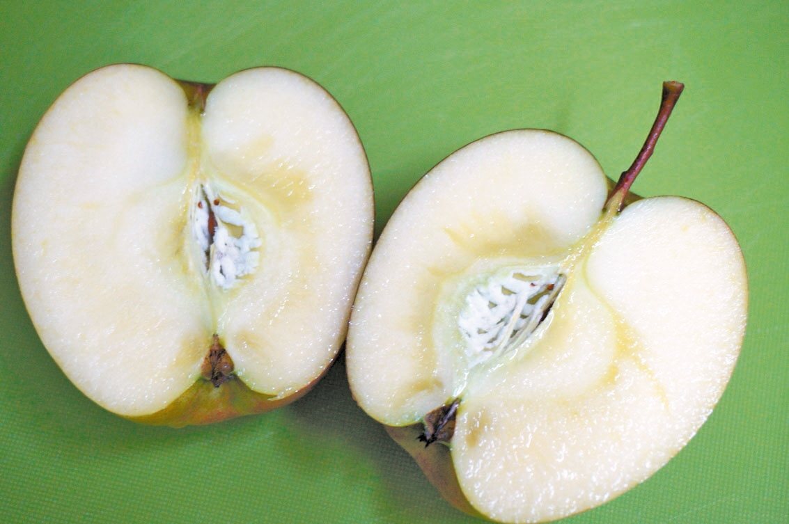 蜜蘋果好吃的秘訣，在於果核四周「水浸狀」的蜜腺。