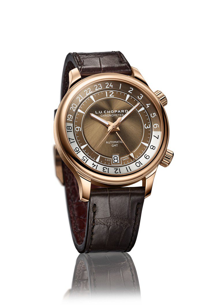 L.U.C GMT One腕表，42mm，18K玫瑰金表殼，自動上鍊機芯，70萬6,000元。圖／蕭邦提供
