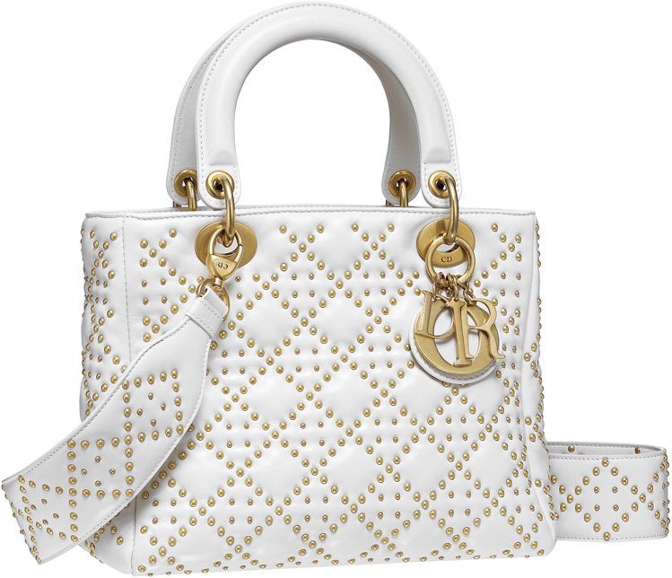 Lady Dior 拿鐵白色小羊皮鉚釘籘格紋提包，16萬元。圖／DIOR提供