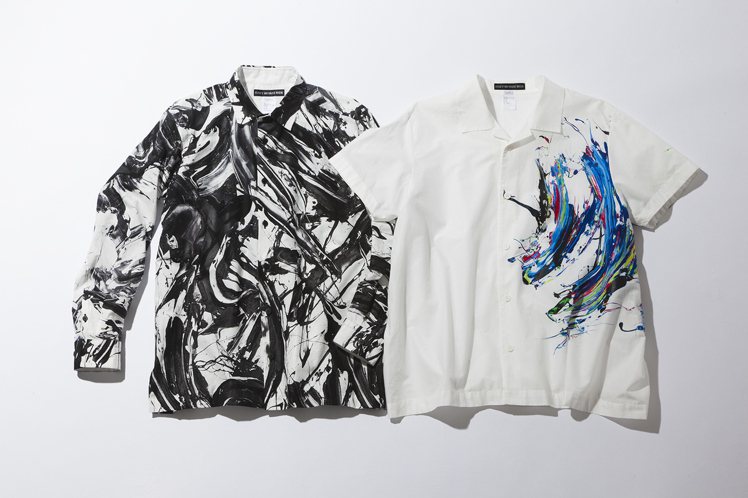 Issey Miyake與藝術家合作系列，塗鴉襯衫（左）26,300元， 塗鴉Polo衫（右）25,300元。圖／Issey Miyake提供
