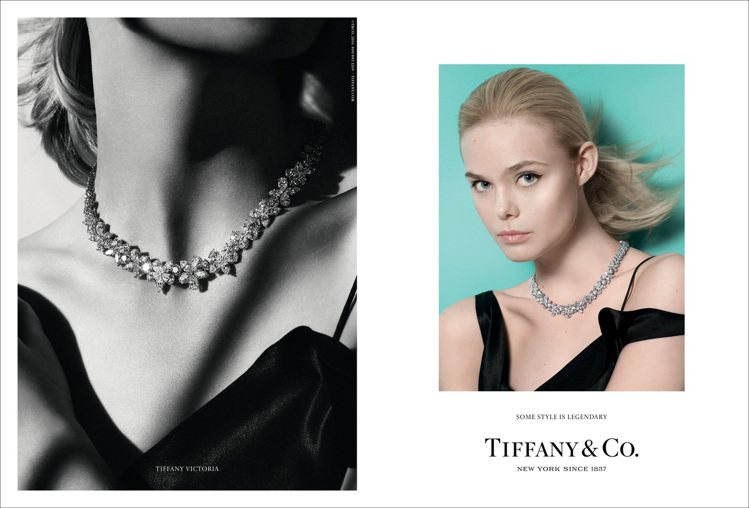 艾兒芬妮去年底為Tiffany傳奇風格拍攝的形象廣告中，所配戴的Victoria Cluster鑽石項鍊此次將來台。圖／Tiffany提供