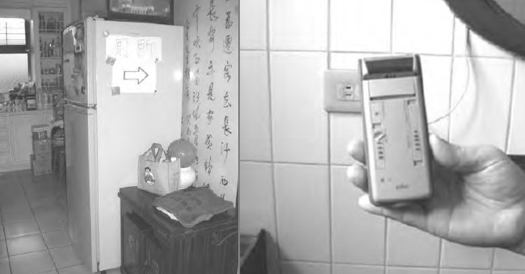 圖5-2 通道上貼指引廁所的標示。
圖5-3 電動刮鬍刀開關貼紅色提示，個案不須提示也不會按錯。

