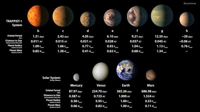 上面一排是圍繞小型恆星「 Trappist-1」的七個地球大小的行星。 下面一排...