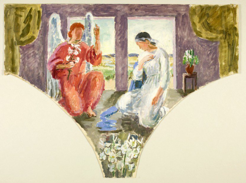 凡妮莎與鄧肯所繪的《聖母領報》草圖（左為大天使加百列，右為聖母瑪利亞），這幅壁畫...