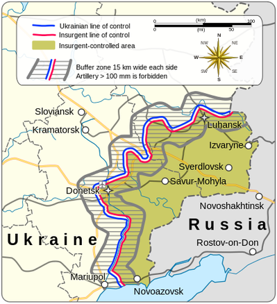 《新明斯克協議》規定的安全中界線：藍線為烏克蘭政府控制區中界線，紅色為頓巴斯控制...