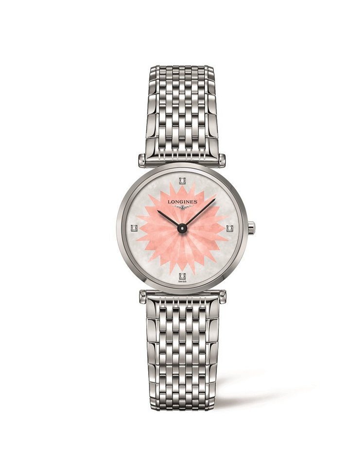 浪琴表新嘉嵐系列玫瑰粉星辰飾紋點鑽時標腕表，51,200元。圖／Longines提供