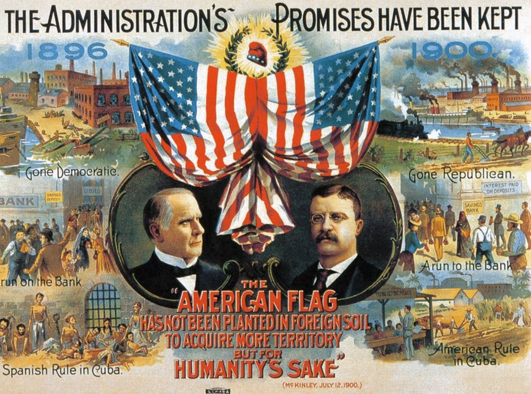 1900年美國共和黨競選海報，左為總統麥金利、右為副總統老羅斯福。麥金利任內開啟...