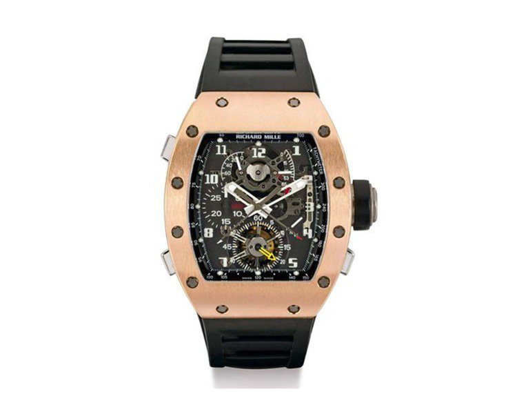 Richard Mille粉紅金陀飛輪雙追針計時腕表，預估約1,120萬元。圖／Sothebys提供