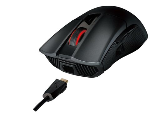 新一代ROG Gladius II光學電競滑鼠具備一鍵式拆卸按鈕設計，使用者輕按...