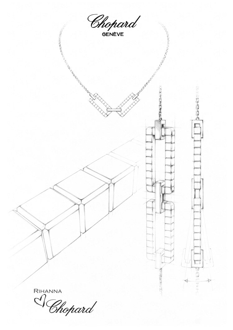 蕾哈娜與蕭邦合作設計RIHANNA ♥ CHOPARD系列珠寶的設計圖稿。圖／C...