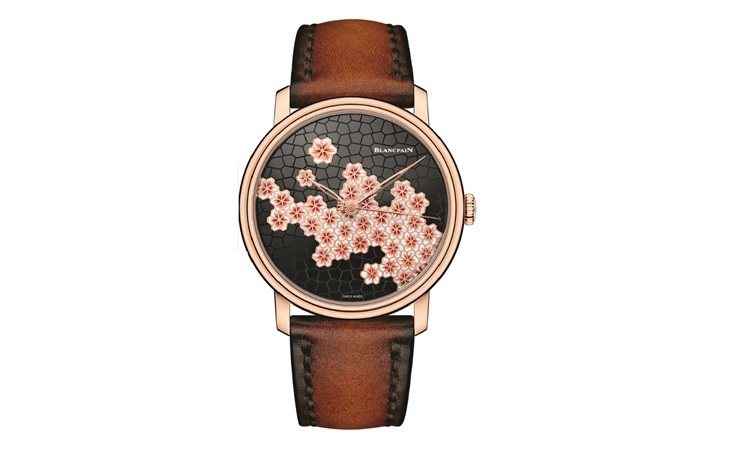 寶鉑藝術大師系列綻放的櫻花限量腕表，18K紅金表殼、紅金鑲嵌黑瑪瑙表盤，8日動力儲存，511萬3,000元。圖／Blancpain提供