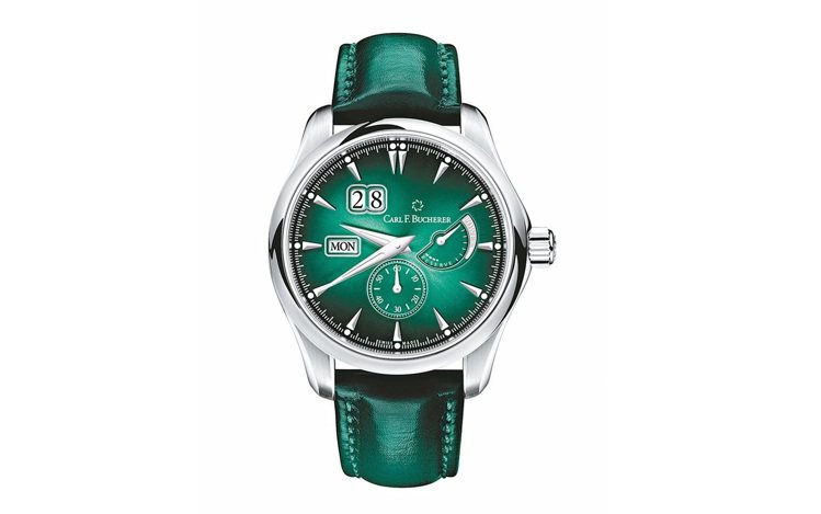 寶齊萊今年為Manero動力儲存腕表推出松綠色表盤的版本，37萬元。 圖／業者提...