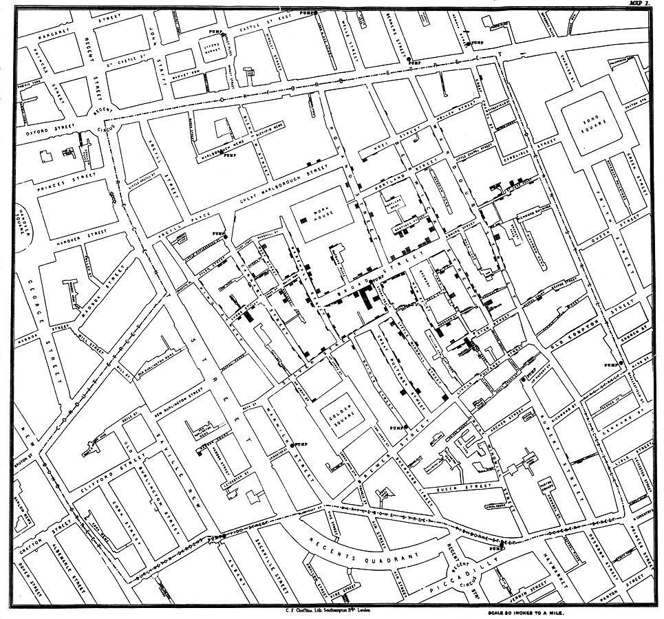 1854年斯諾在倫敦霍亂爆發時研究個案時用的地圖。圖／維基百科