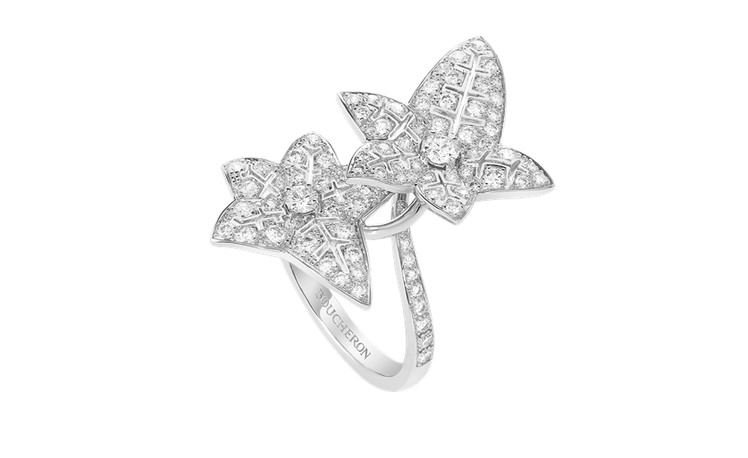 Lierre de Paris巴黎常春藤戒指，鑲嵌92顆共0.91克拉鑽石，40萬6,000元。圖／BOUCHERON提供