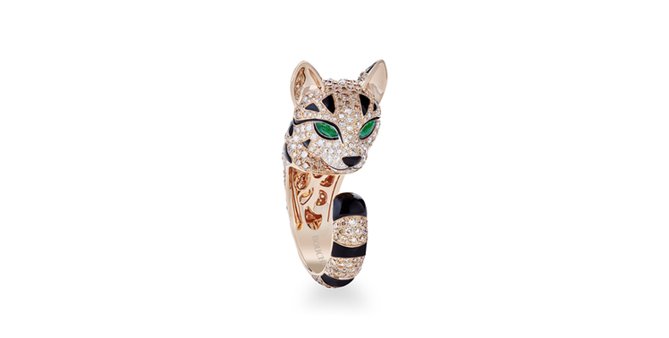 Fuzzy豹貓戒指，玫瑰金鑲嵌香檳色鑽石、鑽石、眼睛為祖母綠，114萬元。圖／BOUCHERON提供
