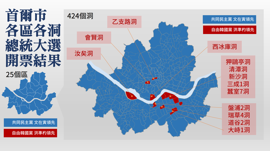 首爾市各區各洞總統大選開票結果。 圖／作者楊虔豪製圖提供