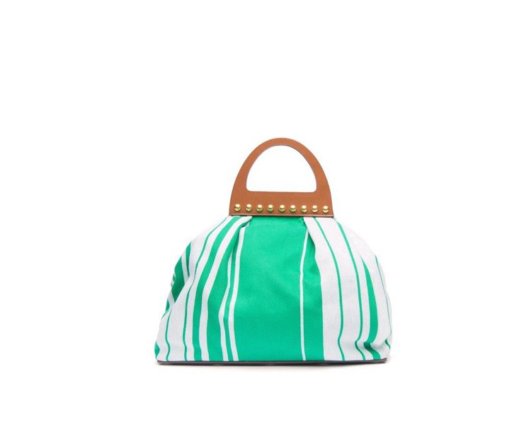 綠條紋鉚釘裝飾手提包，52,000元。圖／MIU MIU提供