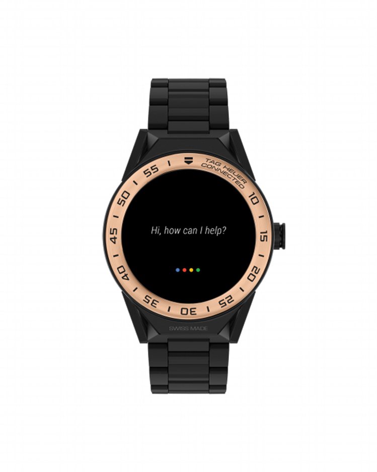 泰格豪雅connected Modular 45智能腕表，黑色陶瓷表鍊搭配18K紅金表圈，約13萬7,900元。圖／TAG Heuer提供