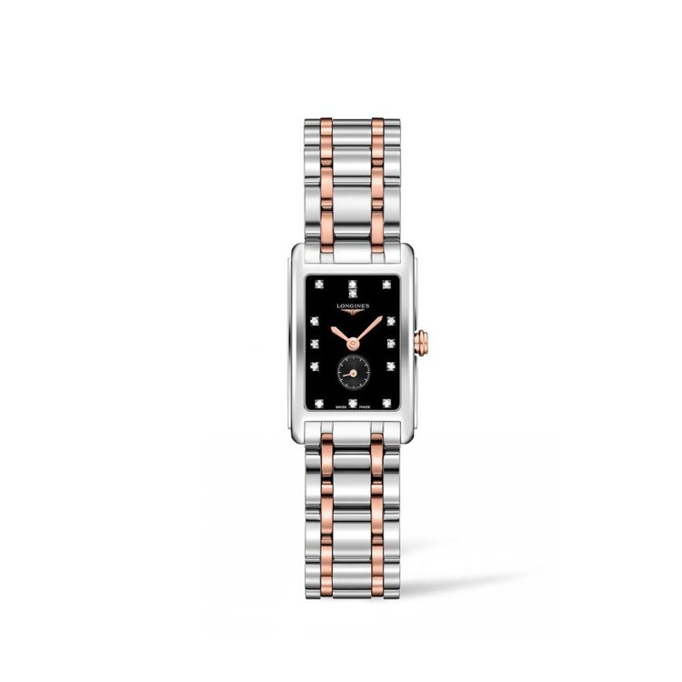浪琴表新多情系列黑面點鑽雙色金腕表，21毫米表徑，約69,200元。圖／Longines提供