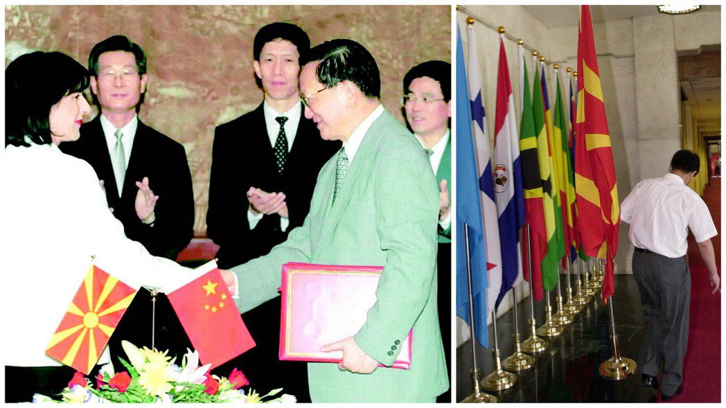 左圖為馬其頓外長米特列娃（左）和中共外長唐家璇（右）在北京簽署聯合公報，宣布恢復...
