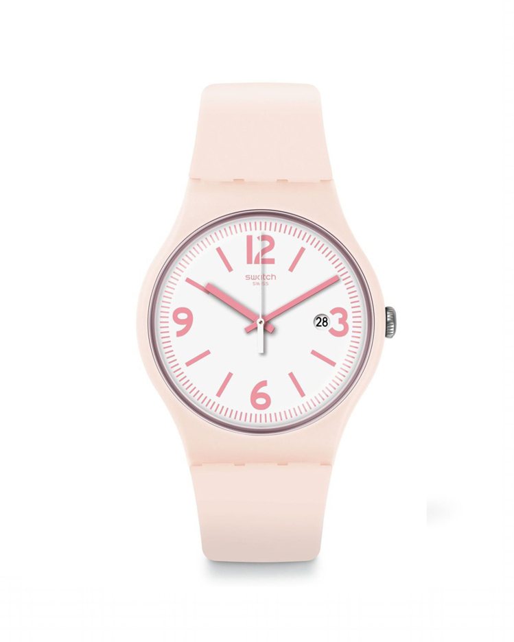 SWATCH英倫玫瑰腕表，白色表盤搭配粉紅指針刻度，並在 3 點鐘位置加上日期視窗，約2,35元。圖／SWATCH提供