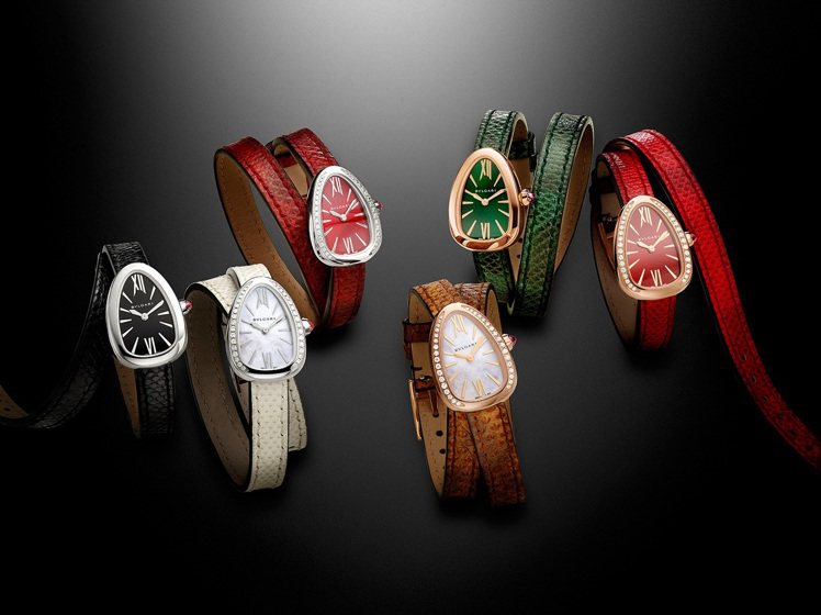 全新SERPENTI腕表系列，隨表附贈兩款表帶，共有5色水蛇皮革和6色小牛皮可供選擇。圖／寶格麗提供