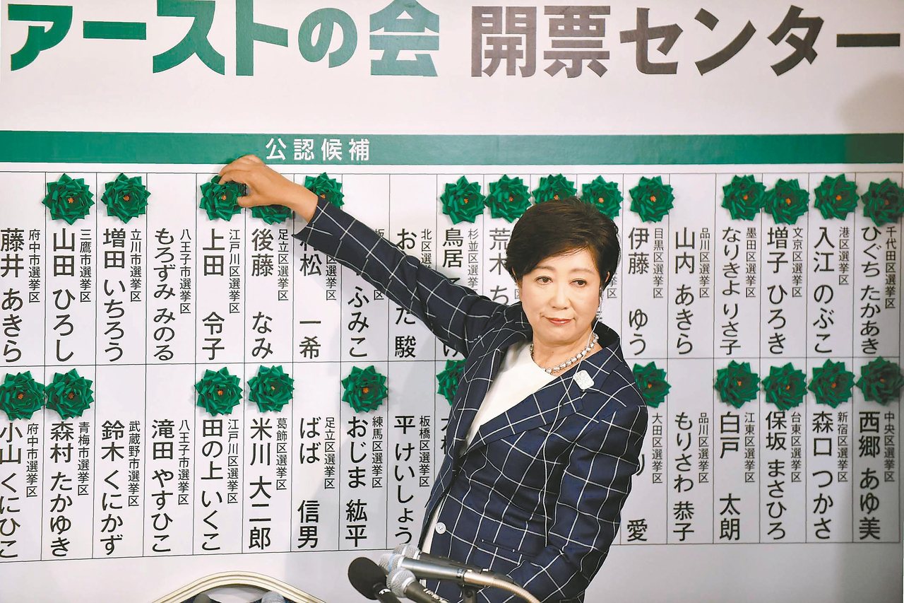 東京都知事小池百合子二日在「都民優先會」已當選的候選人名字上貼上綠色花朵做記號。...