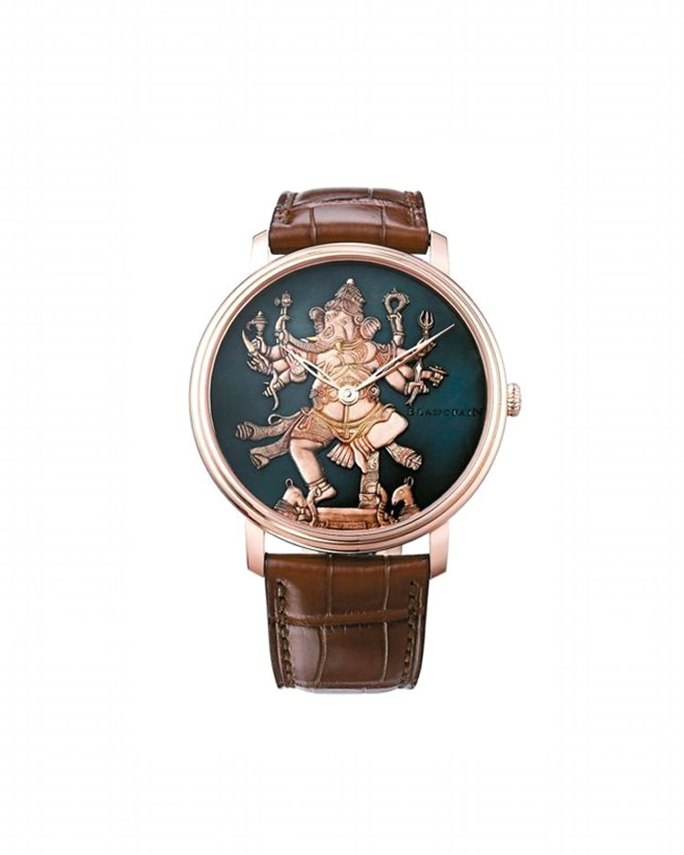 寶鉑藝術大師系列象神表，，18K紅金材質錶殼，Shakudo赤銅表盤，手工裝飾與鎸刻大馬士革鑲18K金，約511萬3,000元。圖／BLANCPAIN提供