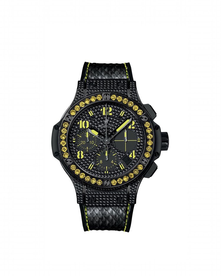 Hublot Big Bang Black Fluo Yellow腕表，搭載HUB4300自動上鍊計時機芯，限量250只。圖／Hublot提供