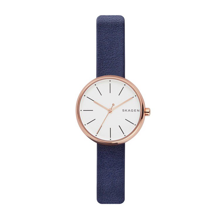 Skagen Signatur系列藍色皮革表帶女款腕表，約5,500元。圖／F...