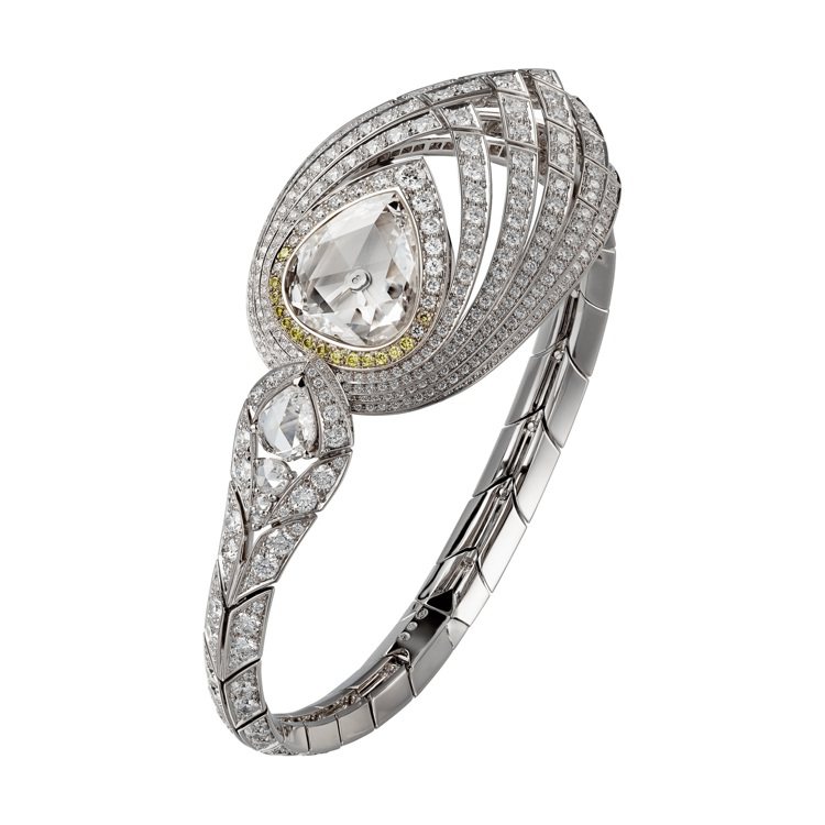 Pure Swan頂級珠寶手環式腕表，鍍銠白K金鑲鑽表殼與表鍊、主石為4.13克拉梨形改良圓形明亮式切割鑽石、銀色表盤帶半透明亮漆陽光射線紋飾、石英機芯，2370萬元。。圖／卡地亞提供