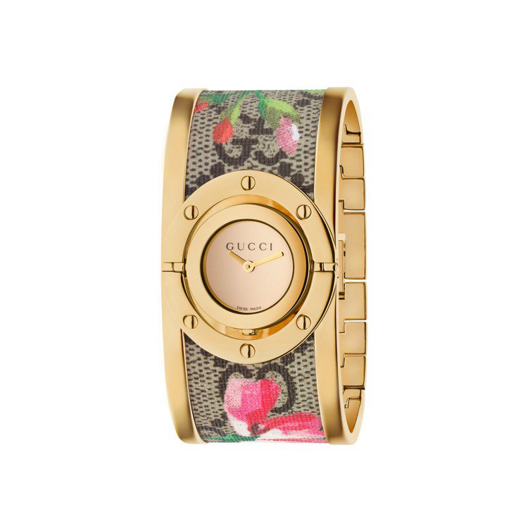 GUCCI Twirl系列腕表，金色鏡面表盤搭配金色PVD翻轉表殼、GG花卉圖案手鐲，約38,000元。圖／GUCCI提供