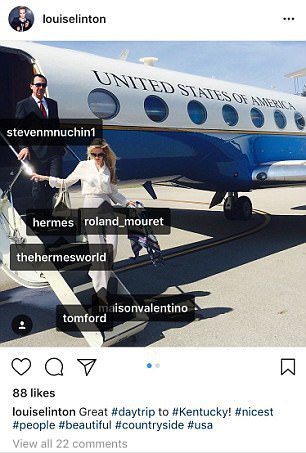 林頓在Instagram貼出的照片，上頭標註她穿戴的名牌衣飾。(翻攝網路)