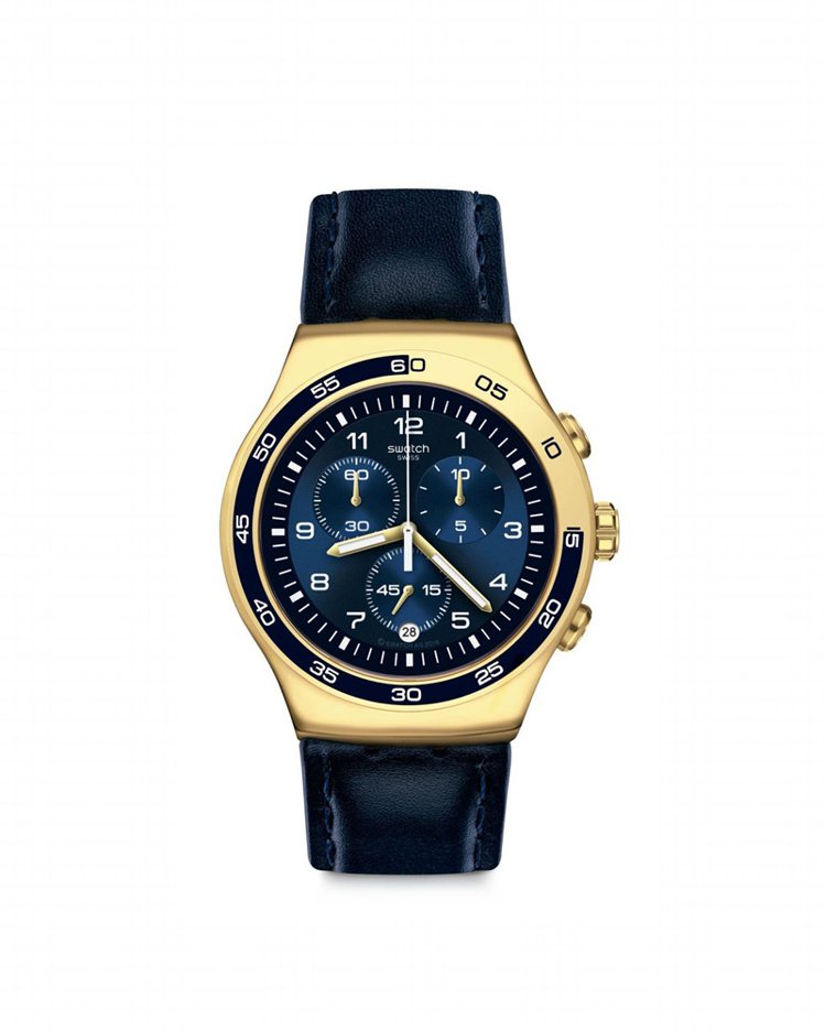 Swatch海軍光芒YOG409腕表，表圈材質採用金色PVD拋光不鏽鋼製成，約7,450元。圖／SWATCH提供