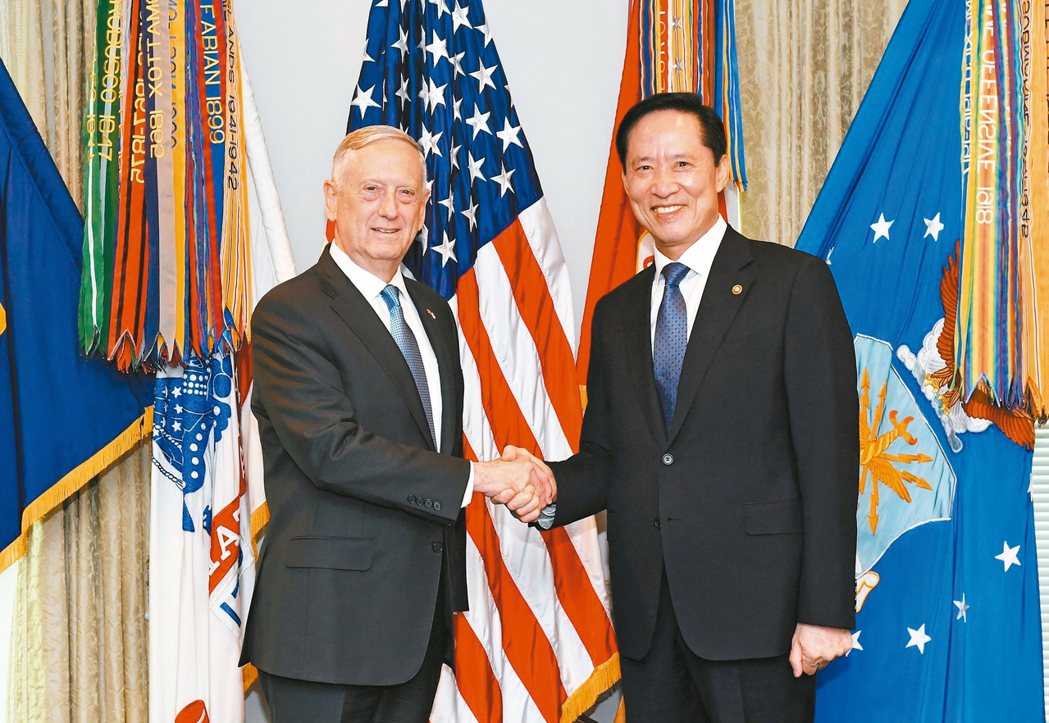 南韓國防部長宋永武（右）30日會晤美國國防部長馬提斯（左），談到在朝鮮半島部署核武器和核潛艇的可能性。 歐新社
