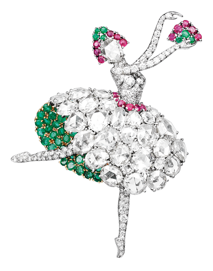 Spanish dancer胸針，1941年作品。鉑金、黃K金、紅寶石、祖母綠、鑽石。圖／梵克雅寶提供