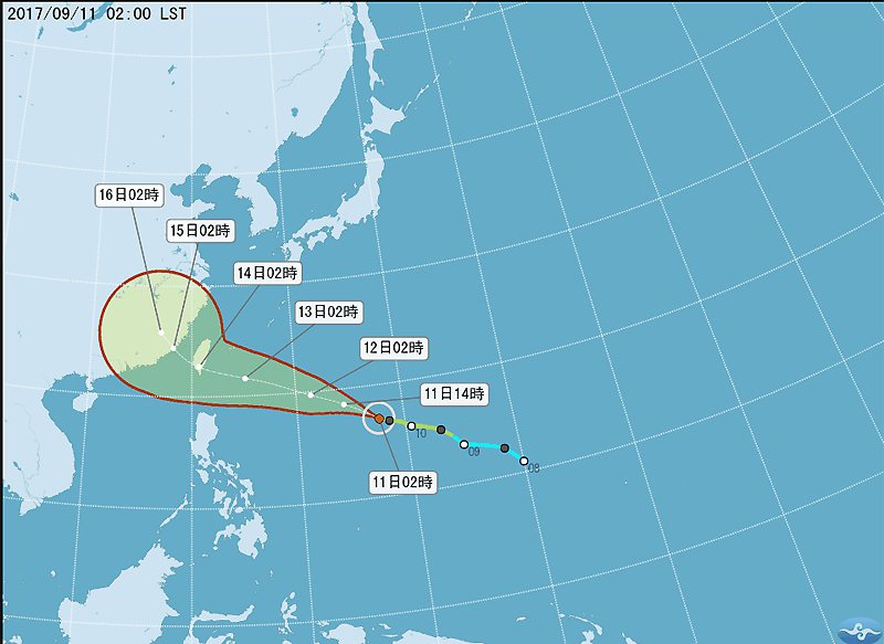 泰利颱風路徑潛勢預報（11日2時發布）。 圖／中央氣象局
