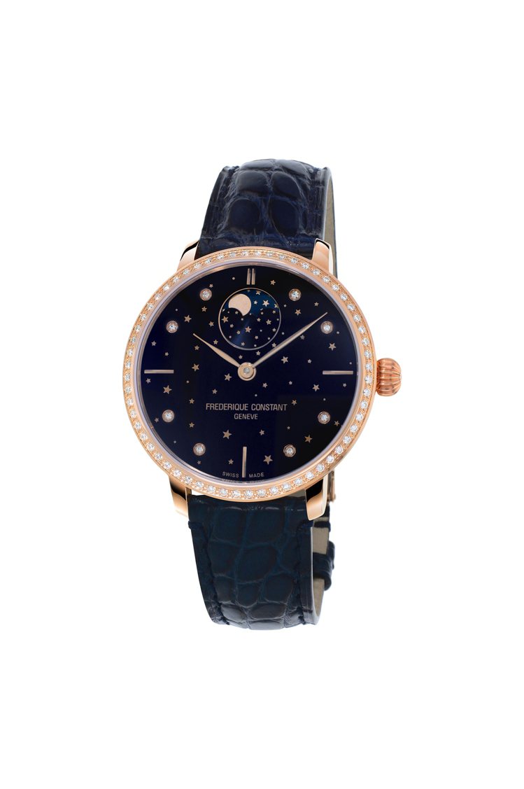 康斯登超薄月相星空自製機芯腕表，玫瑰金錶殼搭載FC-701自動上鍊機芯，約17萬6,000元。圖／葳鑠提供