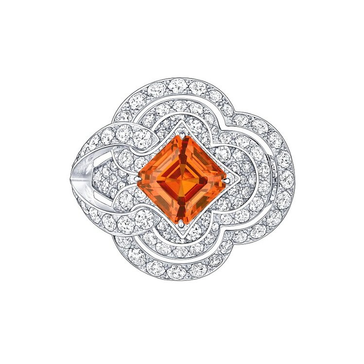 LV Conquêtes高級珠寶系列，18K白金戒指鑲嵌3.65克拉錳鋁榴石和總重3.65克拉鑽石。圖／LV提供