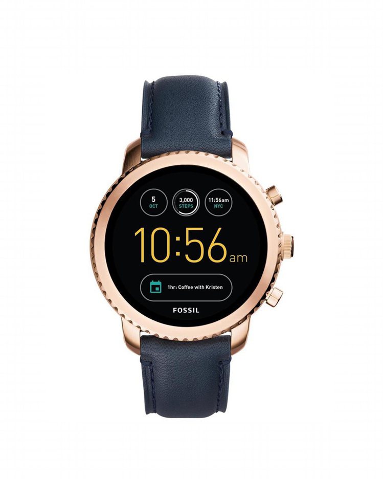 Q Explorist觸控式螢幕智慧型腕表，搭配海軍藍皮革表帶，約10,500元。圖／Fossil提供