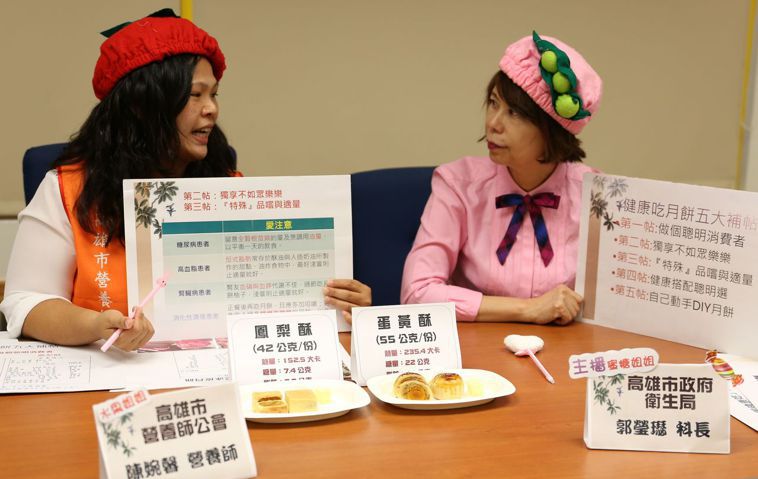 「蜜糖姐姐」（右）和「水果姐姐」（左）提供了健康吃月餅五大補帖。圖／高雄市衛生局...