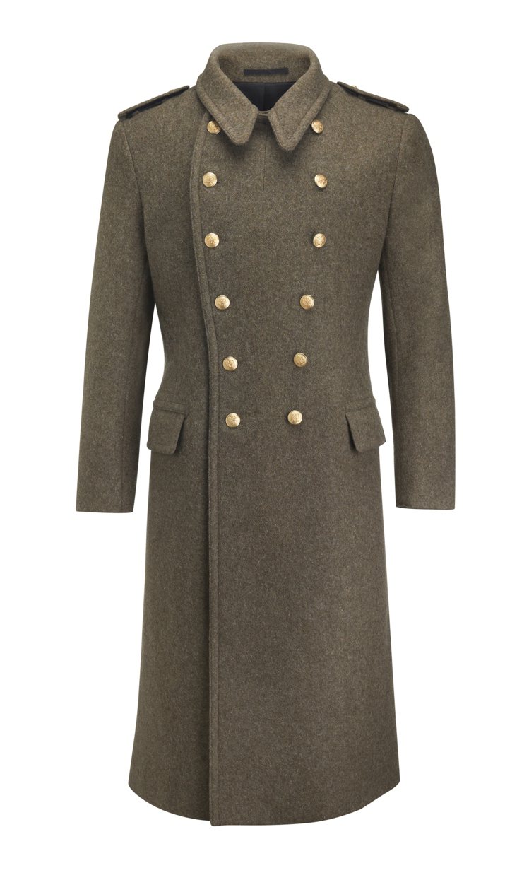 Military Greatcoat系列橄欖綠軍裝雙排釦羊毛大衣，約53,560元。圖／Kent & Curwen提供
