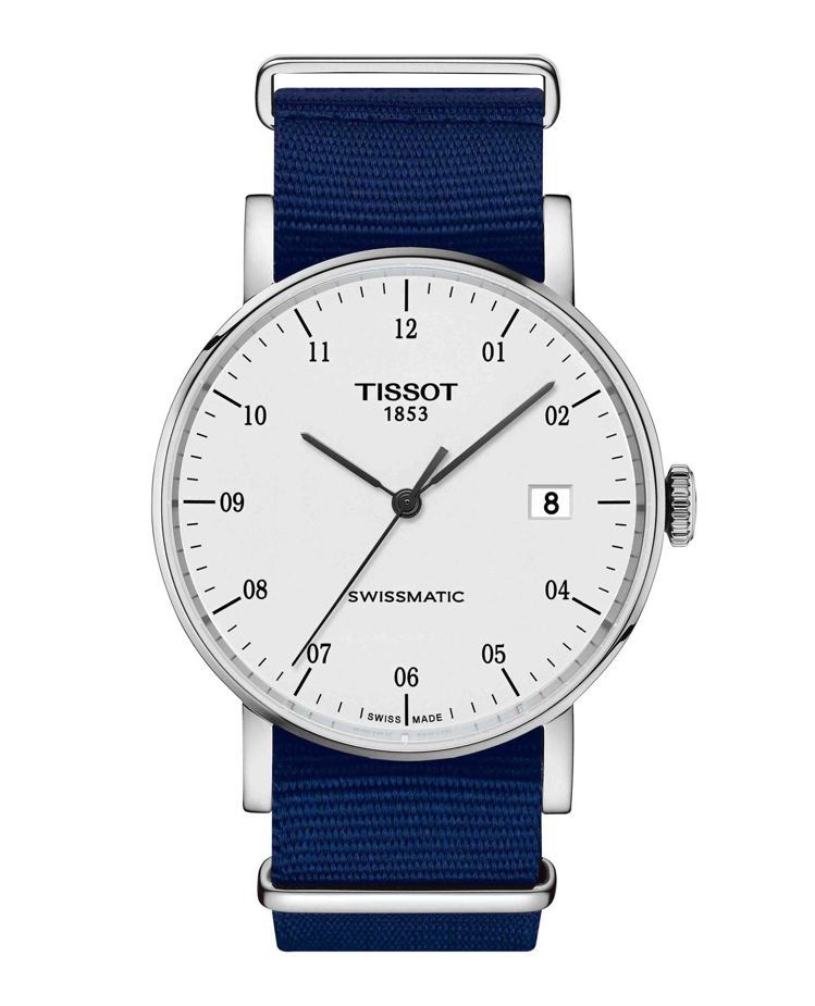 天梭Everytime Swissmatic魅時系列腕表，採用Swissmatic自動上鍊機芯，不鏽鋼表殼搭配Nato尼龍表帶，約13,400元。圖／TISSOT提供