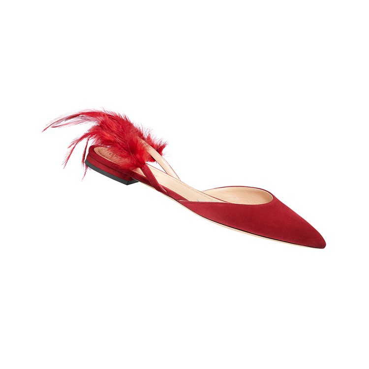 DIOR Ethnie鮮紅色羽毛麂皮露跟平底鞋，售價28,000元。圖／Dior...
