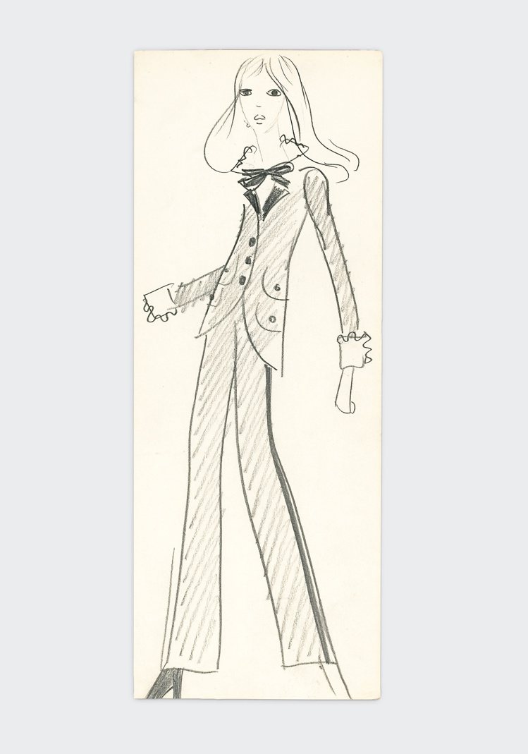 著名的le Smoking西裝1966年的設計草稿。圖／Fondation Pierre Bergé - Yves Saint Laurent提供
